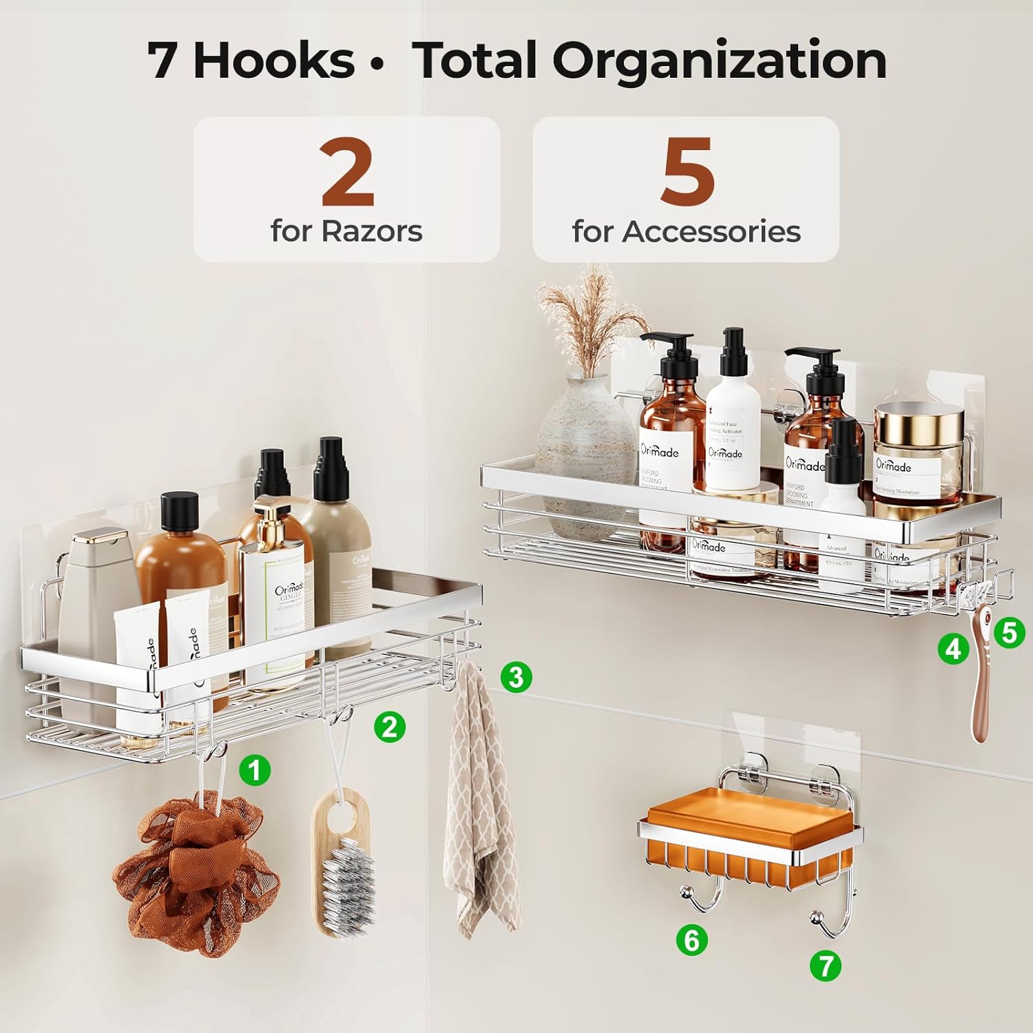 Orimade Shower Caddy - Wall-Mounted Soap Dish Holder with 5 Hooks | Stainless Steel, Silver - 3 Pack