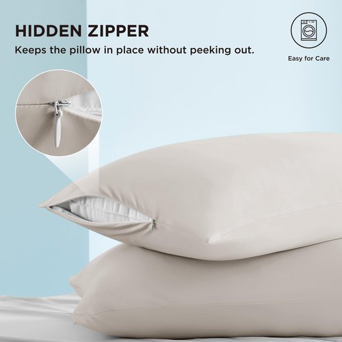 Bedsure Cooling Pillow Cases for Hot Sleepers, Cool Pillowcases for Night Sweats, Zipper Pillow Cases Queen Set of 2, Silky Soft & Breathable Cold Pillow Covers for Hair & Skin, Beige, 20x30 Inches