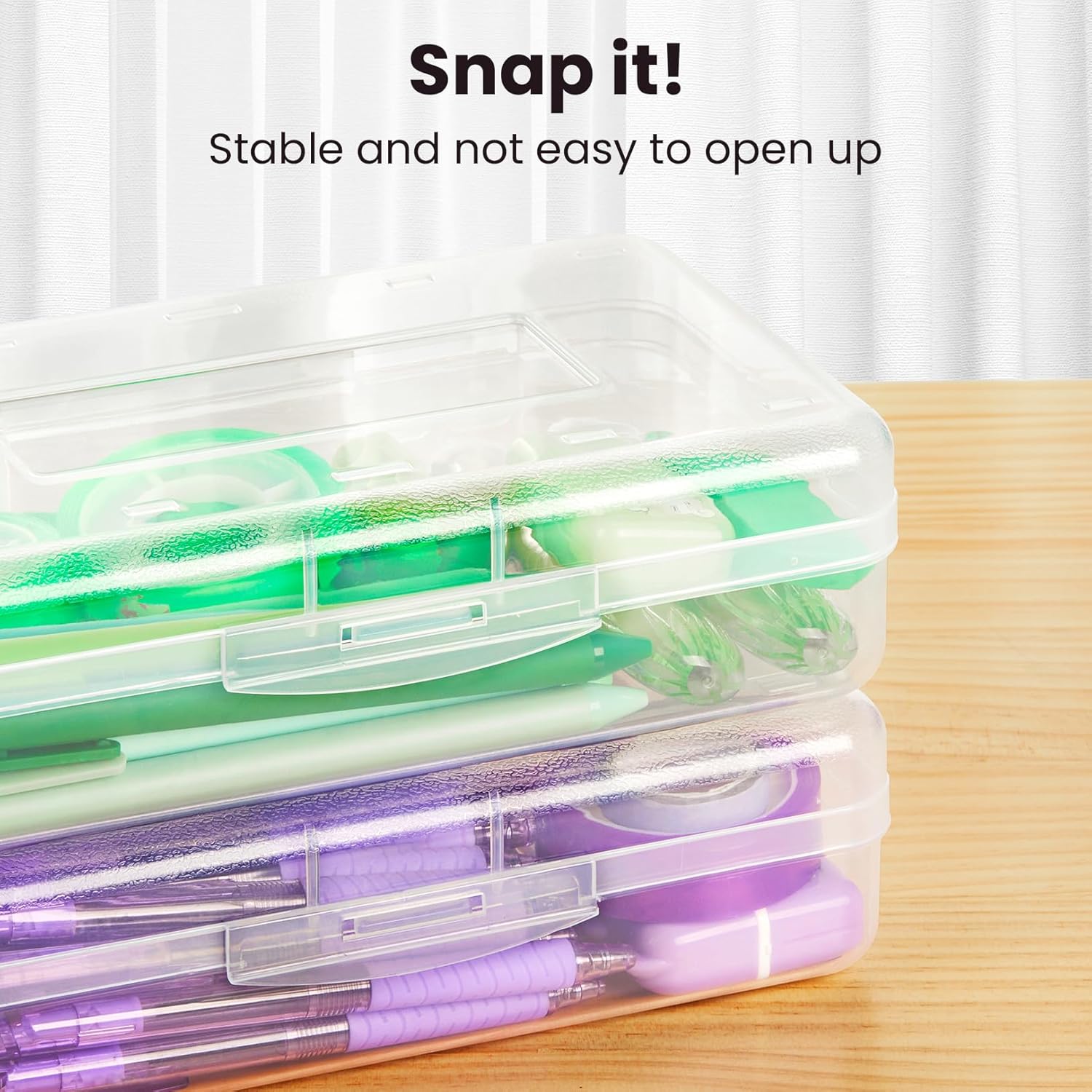 Sooez Plastic Pencil Case Box - 6 Pack Large Crayon Organizer with Snap Lids | Clear Stackable Craft Storage