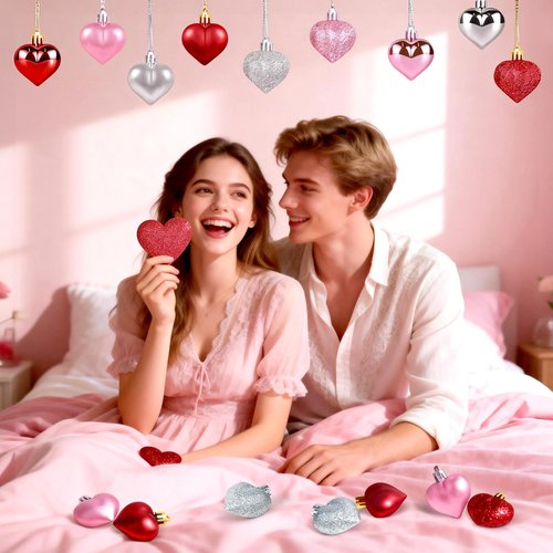 36Pcs Heart Ornaments Valentines Day Decorations Red Pink Silver Glitter Valentines Ornaments for Tree Hanging Heart Shaped Ornament for Wedding Anniversary Party Supplies