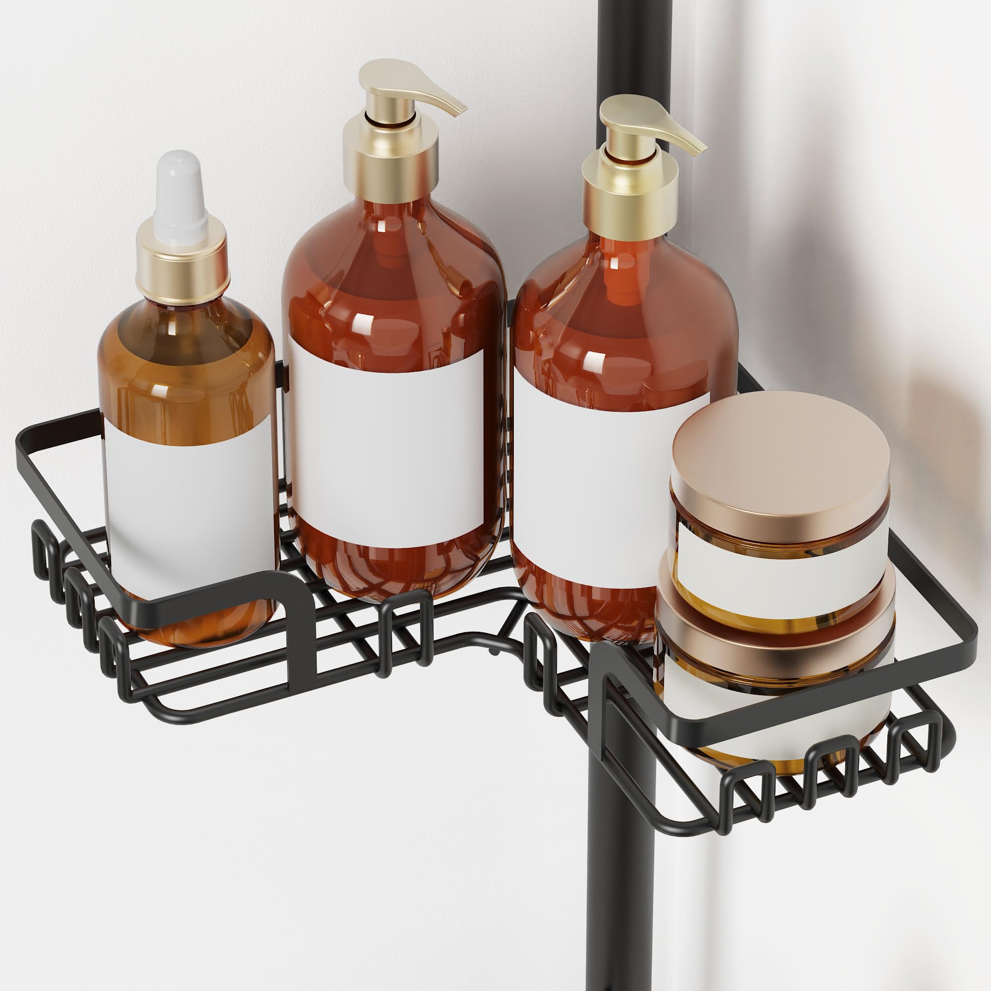 Tension Pole Shower Caddy 5x Stability, Adjustable Floor to Ceiling Shower Organizer, Standing Shower Tension Rod Shelves, 4 Tier Storage Shelves with 2 Soap Holders/Hanging or Adhesive, 25in-114in
