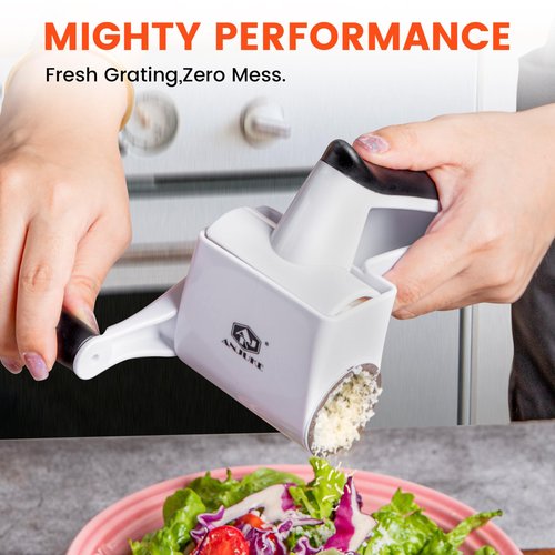 ANJUKE Rotary Cheese Grater with Handle, Manual Hand Crank Shredder with 2 Stainless Steel Drums (Fine & Coarse), Dishwasher Safe Grinder for Parmesan, Chocolate, Nuts & Kitchen Prep