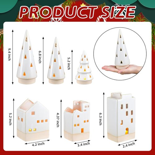 Beeveer Christmas Ceramic Buildings Decoration Set - 6 Pcs Tealight Candle Holders | 4.4" to 9.4" Winter Village Centerpiece
