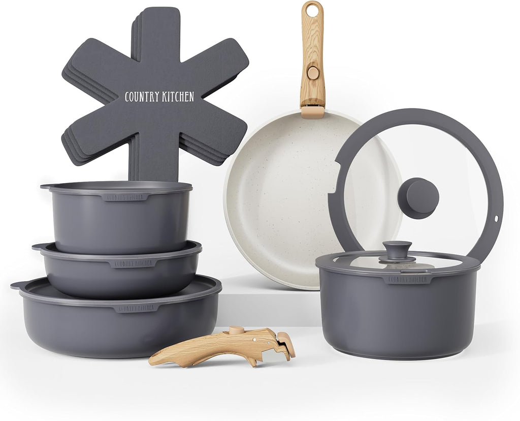 Country Kitchen Cookware Set - Removable Handle, Oven & RV Safe Pots and Pans, Grey/Ivory Wood Handle