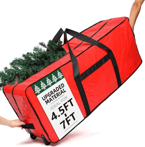 HOMEST Christmas Tree Storage Bag - Zippered Design with Wheels & Handles | Fits 4.5-7 ft Artificial Trees, Red