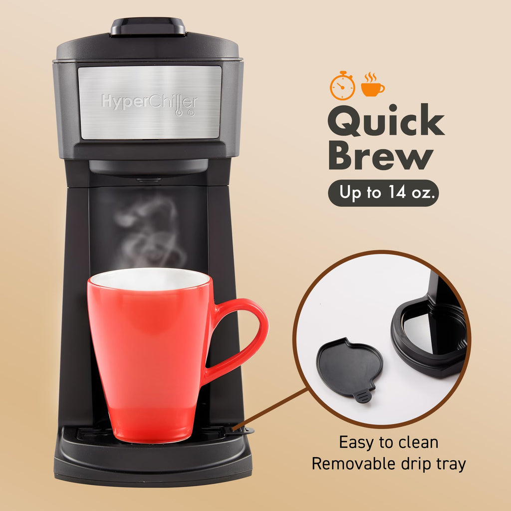 Elite Gourmet HyperChiller EHC210N Iced/Hot Coffee Maker, K-Cup or Coffee Grounds, 8, 10 or 12oz Pours, Removable K-Cup Holder and Reusable Mesh Filter, Drip tray, Black/Stainless-Steel