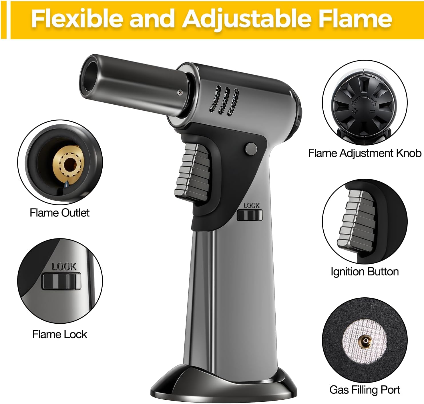 Skiennix Butane Torch - Adjustable Flame Kitchen Torch with Safety Lock for Baking & BBQ | Refillable Design