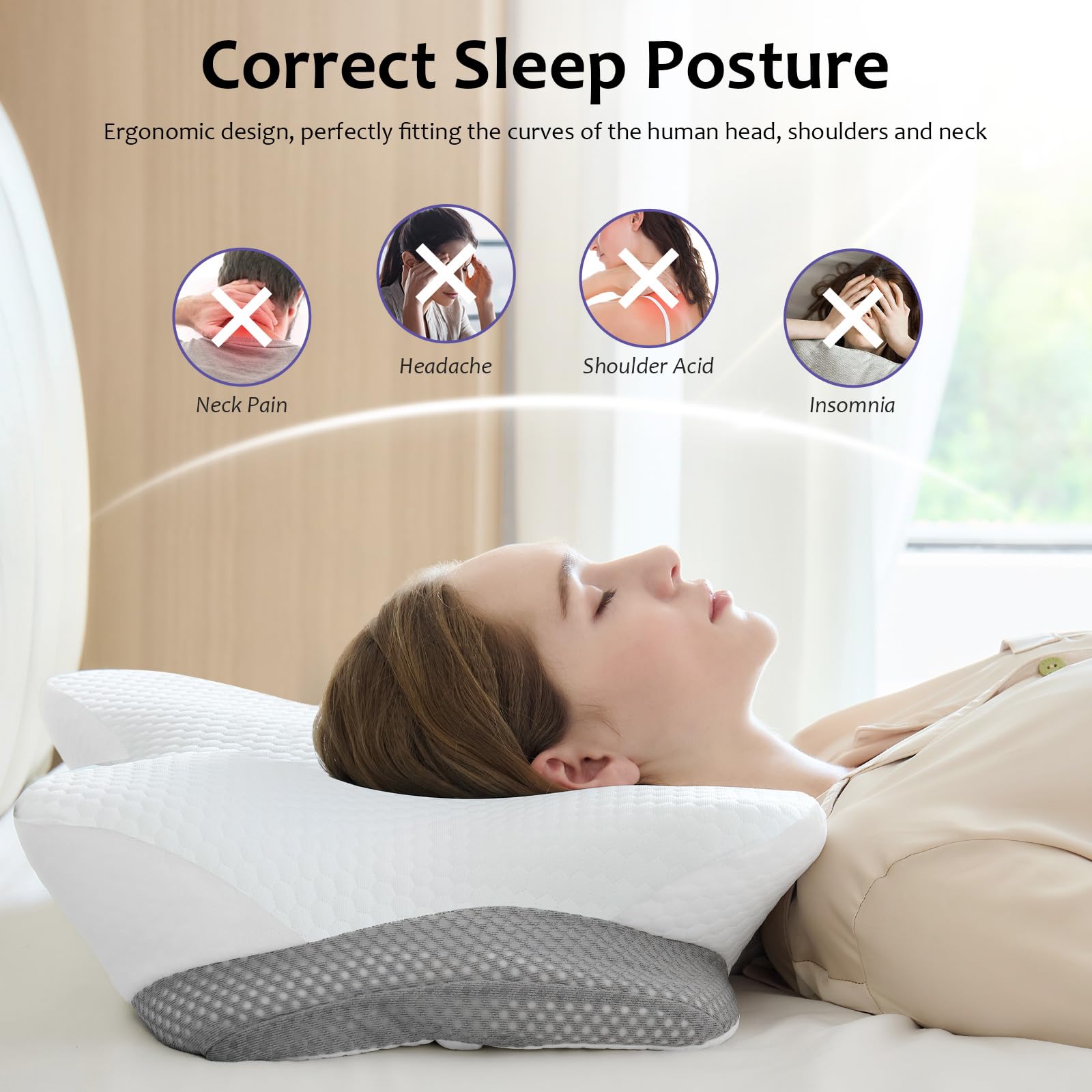SUBCULTUREPICK Memory Foam Pillows, Cervical Pillow for Neck and Shoulder Pain Relief, Ergonomic Contour Bed Pillow, Soft for Side Sleep Stomach Sleeping and Back Sleeper (White)