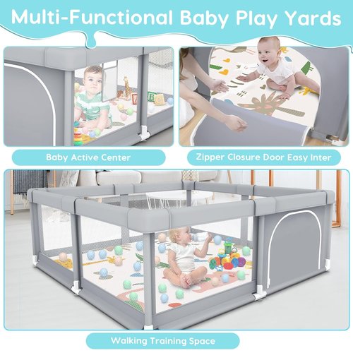 Fshibila Baby Playpen - Sturdy Indoor & Outdoor Safety Play Yard with Soft Mesh - 50" x 50" x 27" Grey
