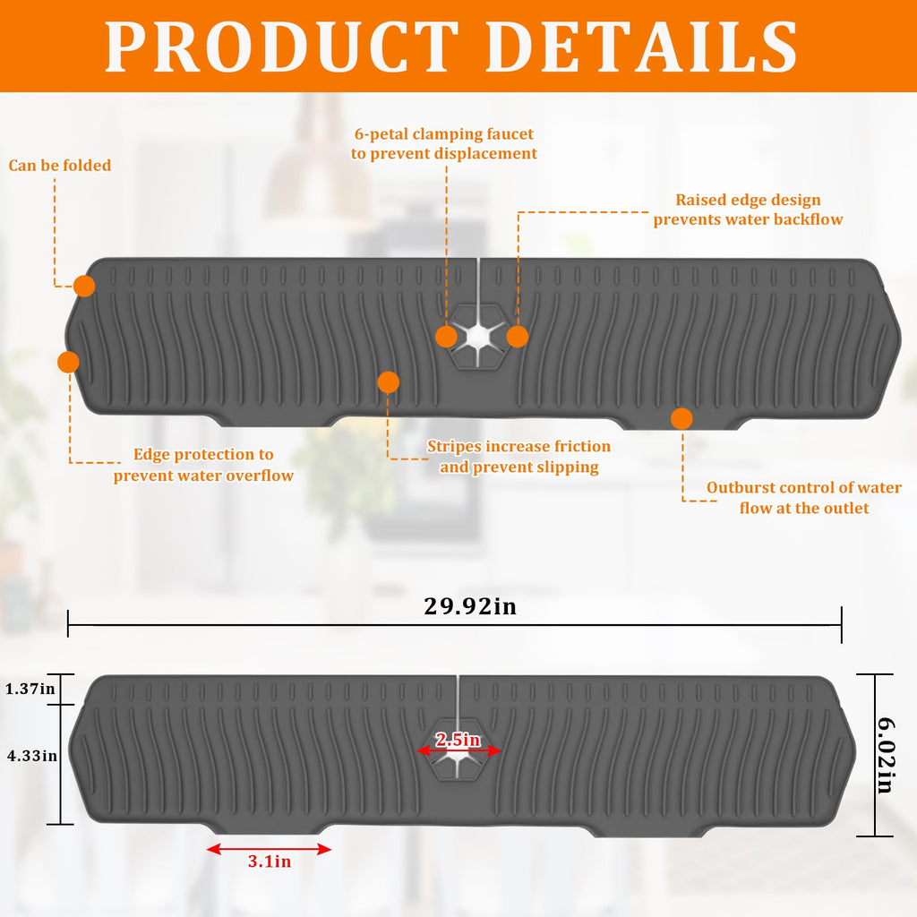 XAUXAGL 30 Inch Sink Splash Guard,Longer Silicone Sink Mat for Kitchen Bathroom,Kitchen Faucet,Silicone Sink Faucet Mat Splash Guard, Drip Protector Splash Countertop (Grey)