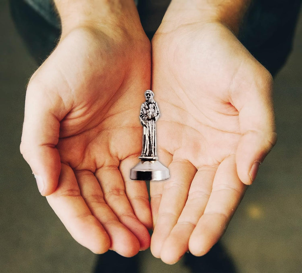 Saint Anthony Mini Statue - 2 Inch Metal Figurine with Laminated Prayer Card | Magnetic Base for Car Dash