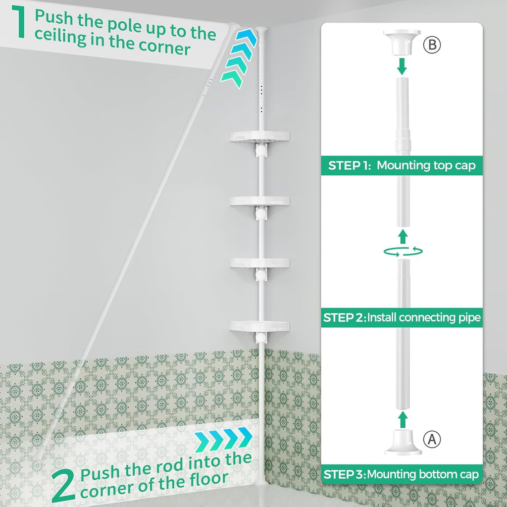 Shuang Qing 4-Tier Corner Shower Caddy - Adjustable Rustproof Metal Organizer | White Plastic Shelves with Safety Guardrail