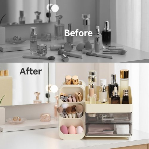 Delamu Big Makeup Organizer with Drawers, Spacious Cosmetic Display Caddy with Makeup Brush Holder, Bathroom Countertop Organizer for Vanity, Dorm, Desk, Beige