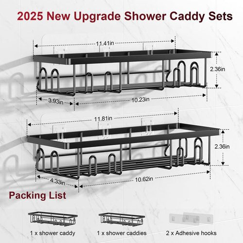 Getsrichfc Shower Caddy Adhesive, Rustproof Shower Shelves for Inside Shower, Large Capacity Bathroom Organizers and Storage, Shower Storage with Removable Hooks, No Drill Bathroom Accessories Black