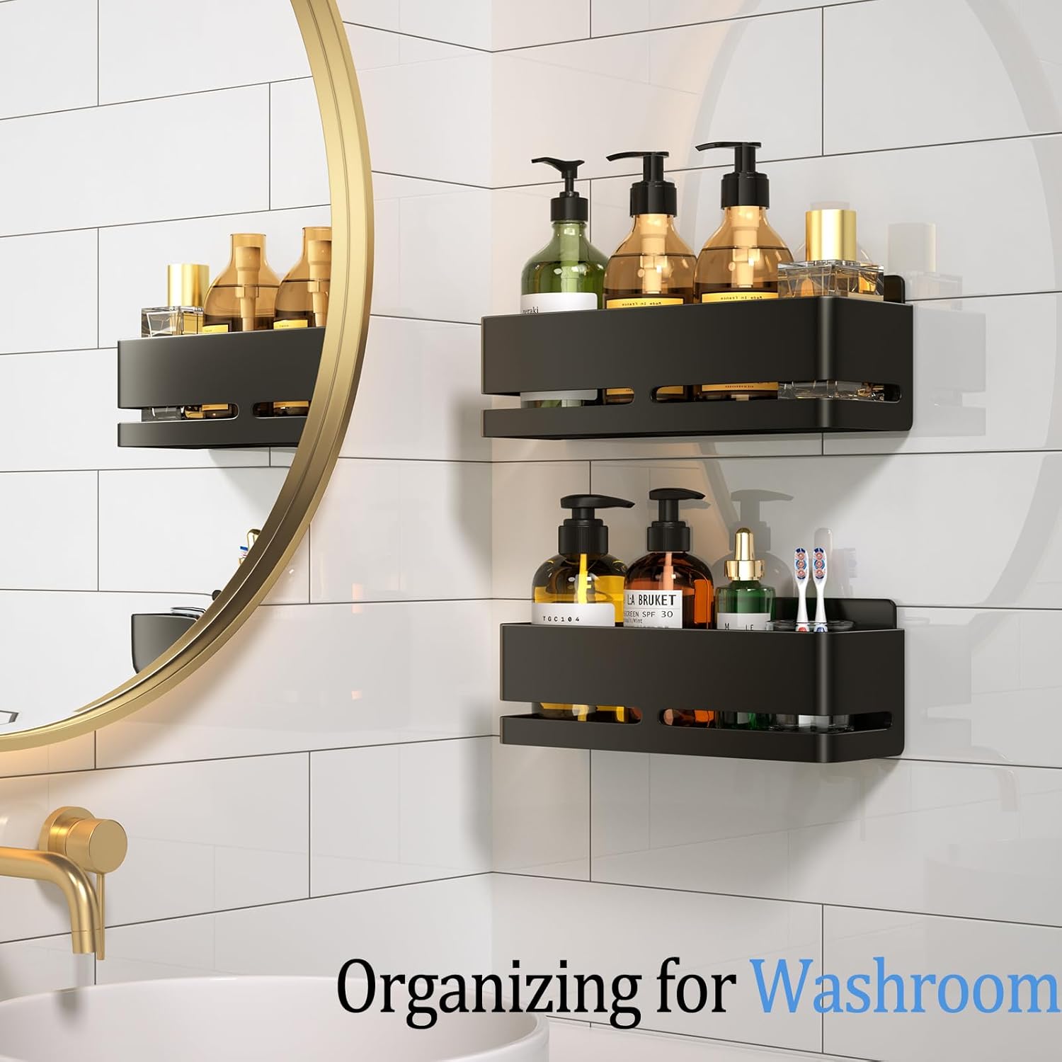 Skiennix Shower Caddy - Heavy-Duty No-Drill Bathroom Organizer | 2-Pack Black Metal Storage Shelf