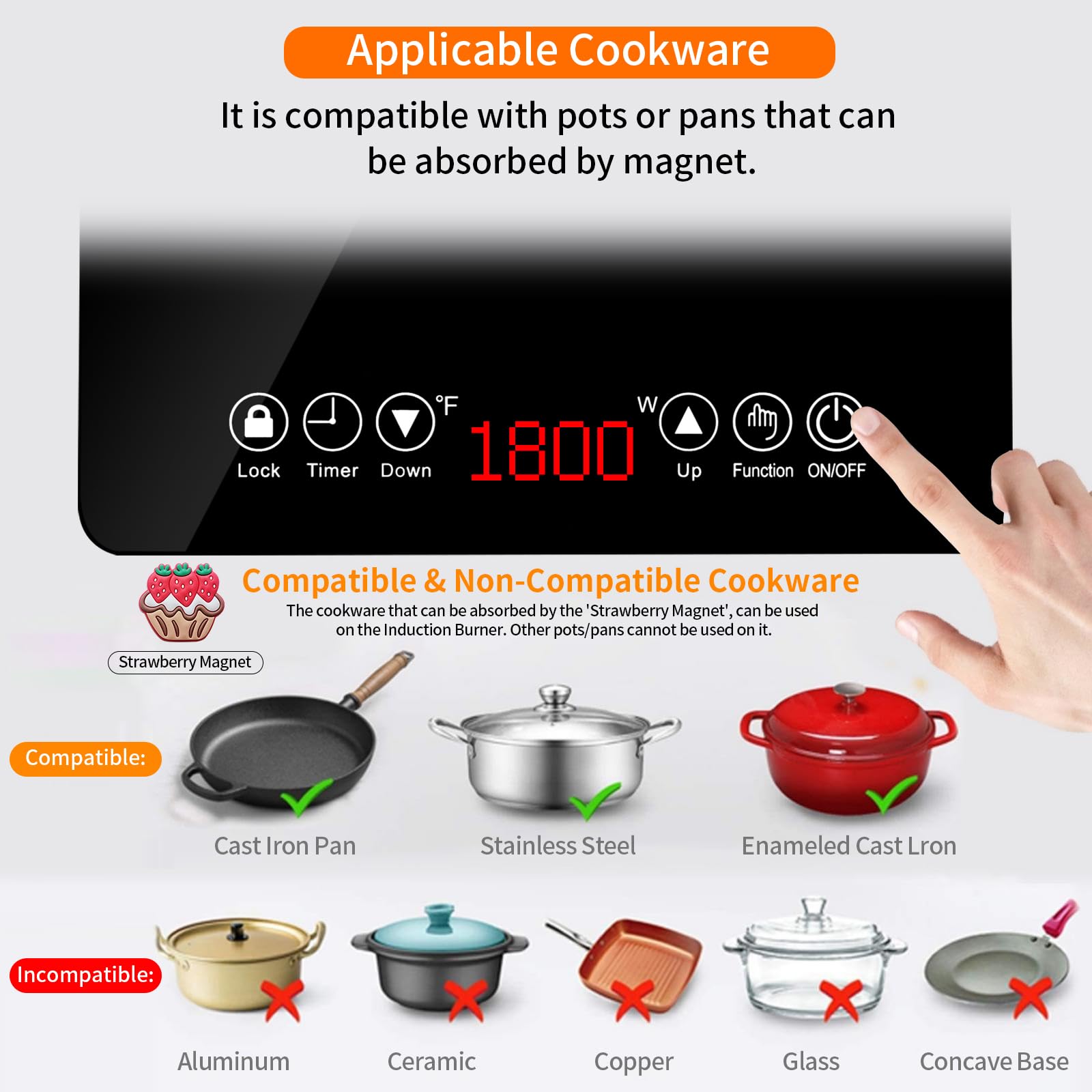 Portable Induction Burner, 1800W, Large 8” Heating Coi, Hot Plate Countertop Burner with Touch Panel, Power & Temp Adjustable, Hot Plate Cooker with 4-Hour Timerl