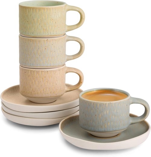 KooK Espresso Mug and Saucer Set - Rustic Ceramic Cups with Feathered Texture | Dishwasher Safe, 2.7 oz, Set of 4
