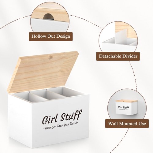 Luxspire Tampon Holder for Bathroom - Discreet Feminine Product Organizer with Lid & Wood Pad, Shark Week Tampon Storage Box, Stylish Girl Stuff Organizer for Bathroom, White