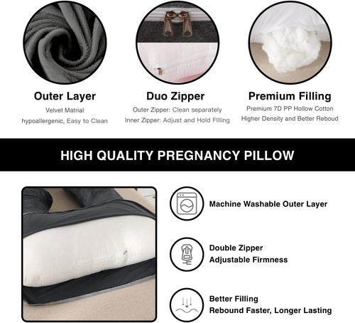 ALLOPERA Pregnancy Pillow - Full Body 57-Inch Maternity Support Pillow | Removable Washable Cover, Black Grey Velvet
