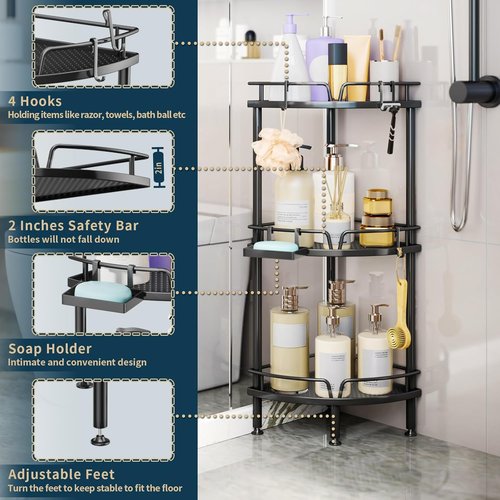 Consumest Corner Shower Caddy Stand - 3-Tier Organizer with Soap Holder & Adjustable Feet | Black