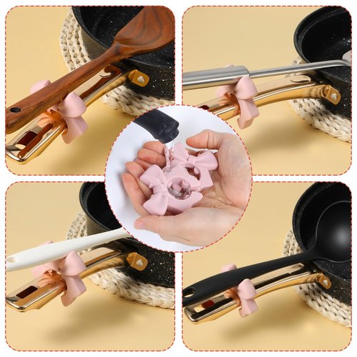 Mabor 3Pcs Spoon Holder for Pot, Bowknot Silicone Spoon Pot Pan Holder, Pink Bow Pots Clip Rest for Cooking, Heat Resistance Non-Slip Cute Stove Top Spatula Holders