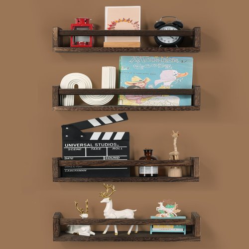 DUICIRX Nursery Room Shelves Set of 4, Wood Floating Book Shelves for Kids Room, Baby Book Shelf for Nursery, Kitchen Spice Rack (Carbonized Brown)