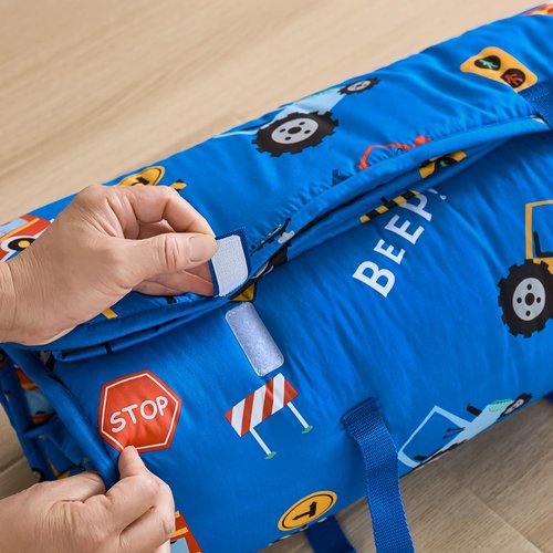 DJY Toddler Nap Mat Blue Car Slumber Bag,Kid Sleeping Mat with Removable Pillow & Minky Blanket,Perfect for Daycare,Preschool,Kindergarten,Travel