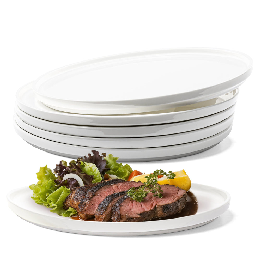 Vikko Dinner Plate, Set of 6 White Plates, Elegant Bone China with Raised Rim, Stackable 10 Inch Dinner Plates, Dishwasher Safe