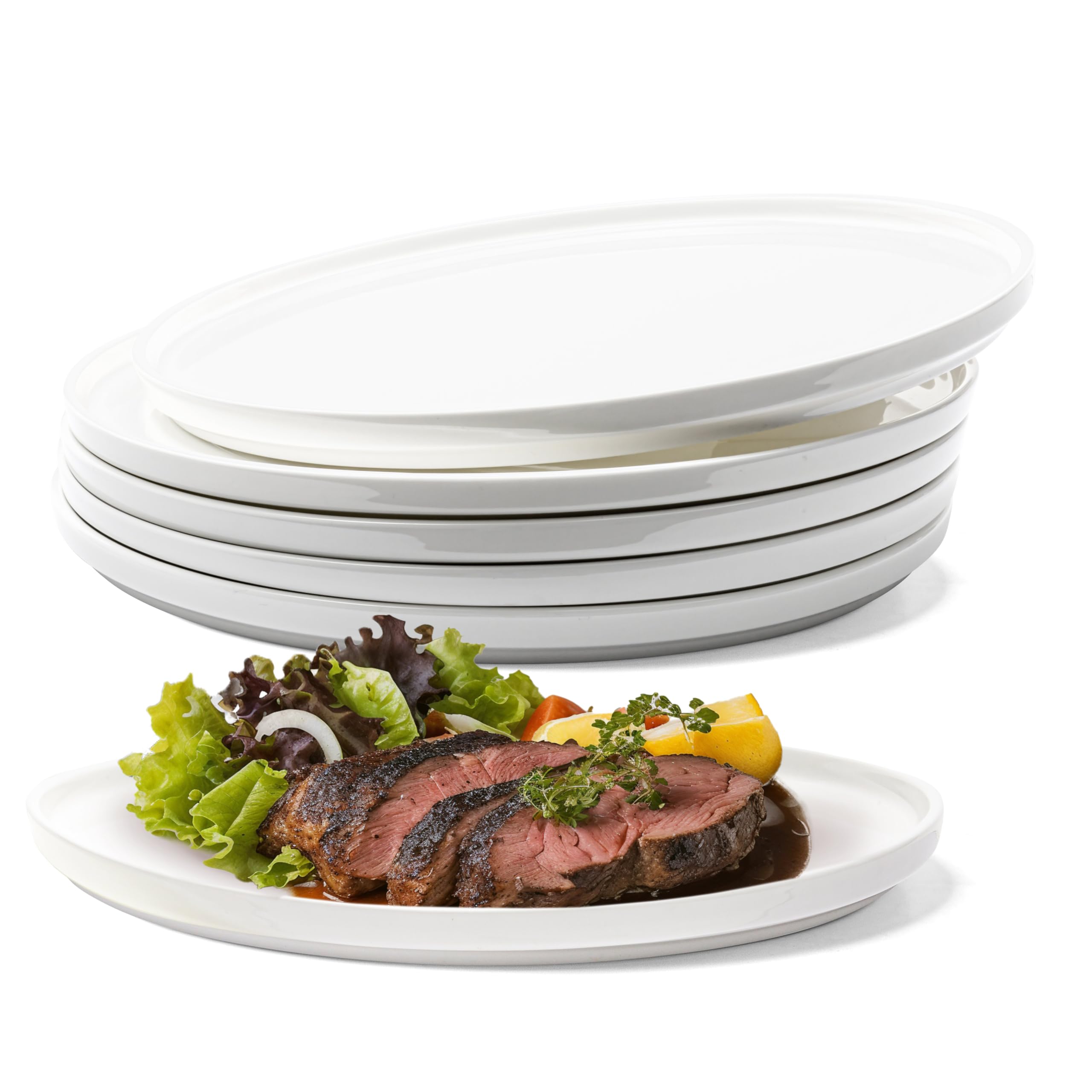 Vikko Dinner Plate, Set of 6 White Plates, Elegant Bone China with Raised Rim, Stackable 10 Inch Dinner Plates, Dishwasher Safe