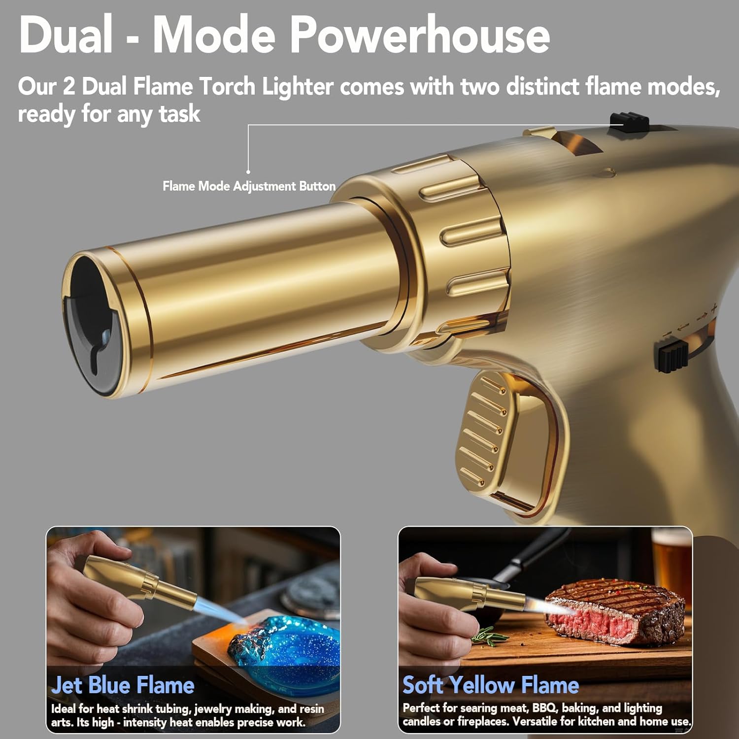 Sondiko Butane Torch Lighter - Dual Style, Adjustable Flame Size, Refillable Blow Torch | Gold Finish
