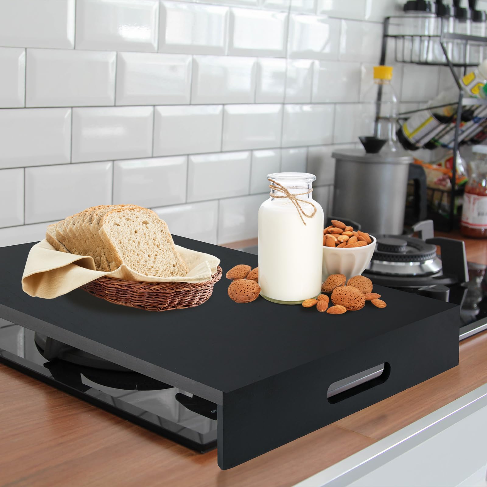 Ziliny 29. 92 x 22. 05 Inch Black Wooden Rv Stove Top Cover Stove Top Sink Cover Noodle Cutting Board for Electric Gas Burners Sink Noodle Board