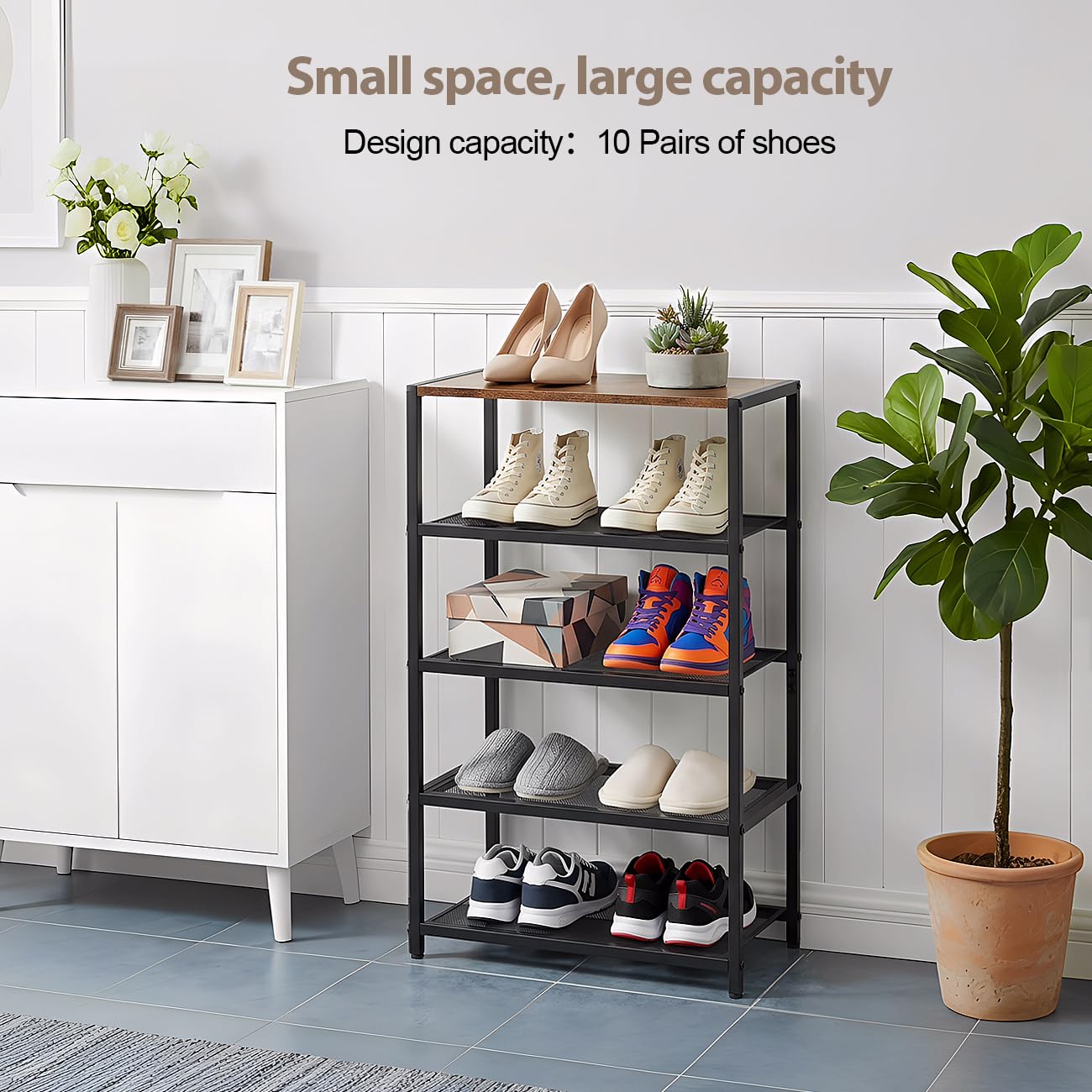 RUNJIMY Narrow Shoe Rack for Front Door Entrance, Entryway, and Closet Shoe Organizer with 4 Sturdy Metal Mesh Shelves and Wooden Top, Holds 10 Pairs, Ideal for Storage or Display