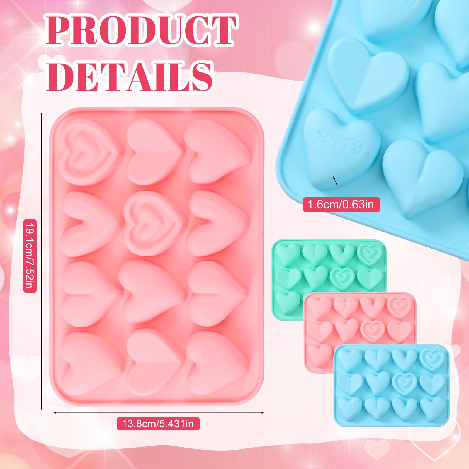 Qinyoung 3 Pcs Heart Shaped Silicone Molds Nonstick Heart Chocolate Muffin Molds for Ice Cube, Candy, Brownies, Jelly, Tartlets, Soaps, Pudding, Dessert Baking Making(Large,12 Holes,Pink,Blue,Green)