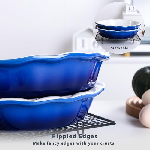 Lareina Ceramic Pie Pans - Non-Stick 9 Inch Deep Dish Set of 2 | Blue, Oven & Dishwasher Safe