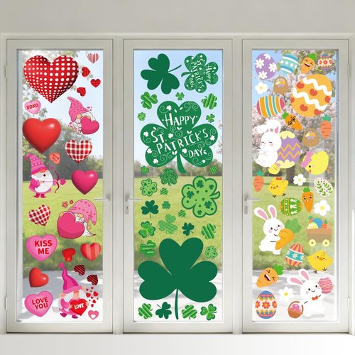 Valentines Day Window Clings for Valentines Decorations, Reusable Static Shamrock Window Clings for St Patricks Day Decorations, Easter Decor for Home, Bathroom and Office