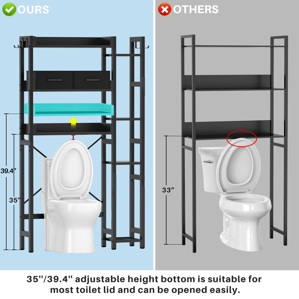 Besiost Over The Toilet Storage with 2 Drawers - 7 Tier Bathroom Organizer with Adjustable Shelf, Freestanding Space Saver Storage Rack Above Toilet Stand with 4 Hooks for Restroom, Laundry, Black
