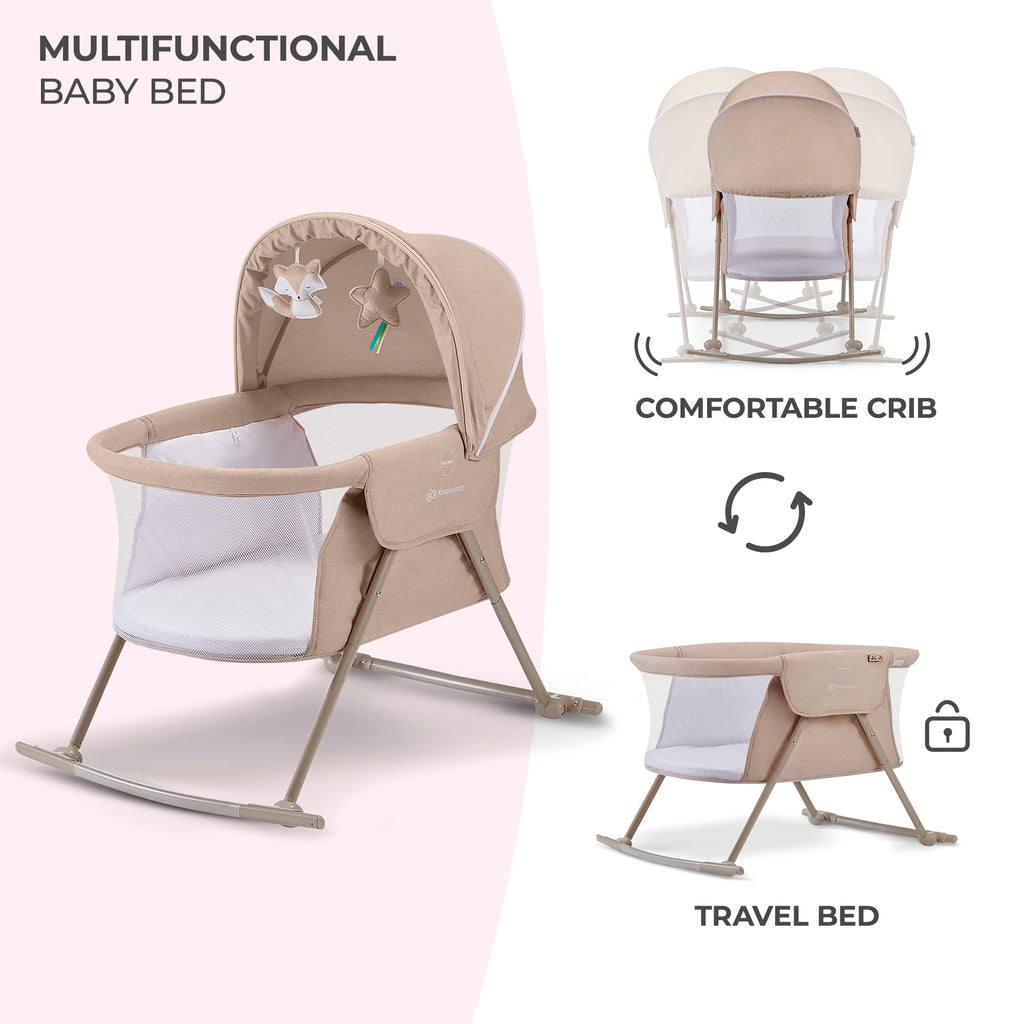 Kinderkraft LOVI Travel Bassinet for Baby, Portable Folding Baby Bed with Built-in Mosquito net, Adjustable Hood and an Additional Cradle Function, Beige