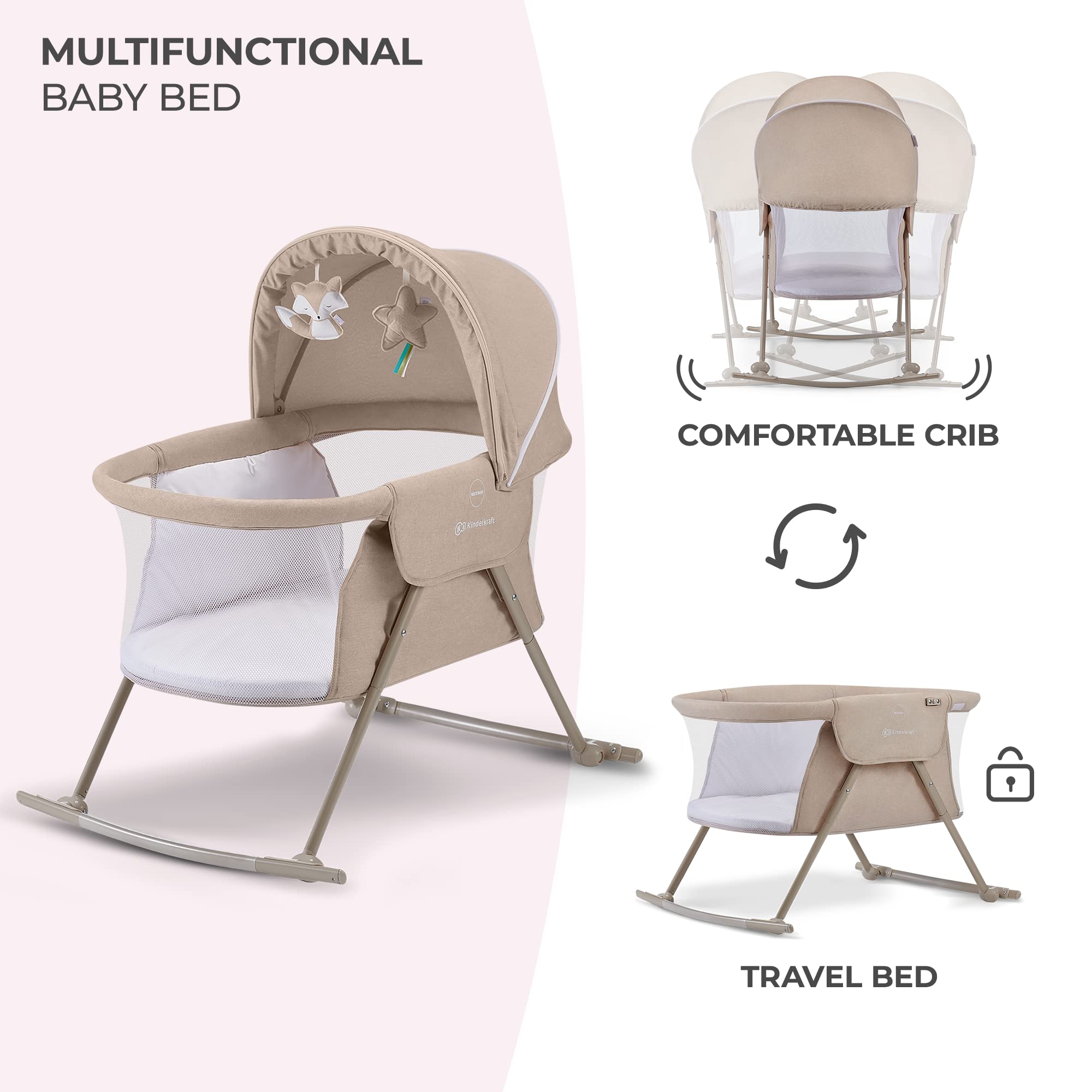 Kinderkraft LOVI Travel Bassinet for Baby, Portable Folding Baby Bed with Built-in Mosquito net, Adjustable Hood and an Additional Cradle Function, Beige