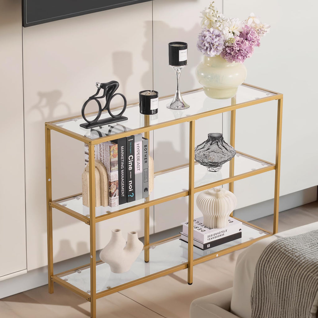 VEVOR Glass Console Table, 39.4 Inch Entryway Table, Modern Rectangle Sofa Table with Tempered Glass Top and Iron Legs, Golden Consloe Desk for Living Room, Hallway, Entryway