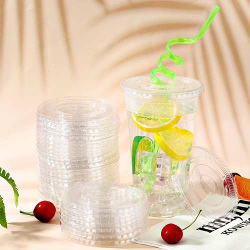 Hortsun 500 Count 107mm Clear PET Plastic Flat Lids with Straw Slot Fits 32oz, 42oz, 44oz Cups Disposable Plastic Transparent Cup Lids for Iced Coffee Milkshake Ice Cream Office Home Travel Supplies