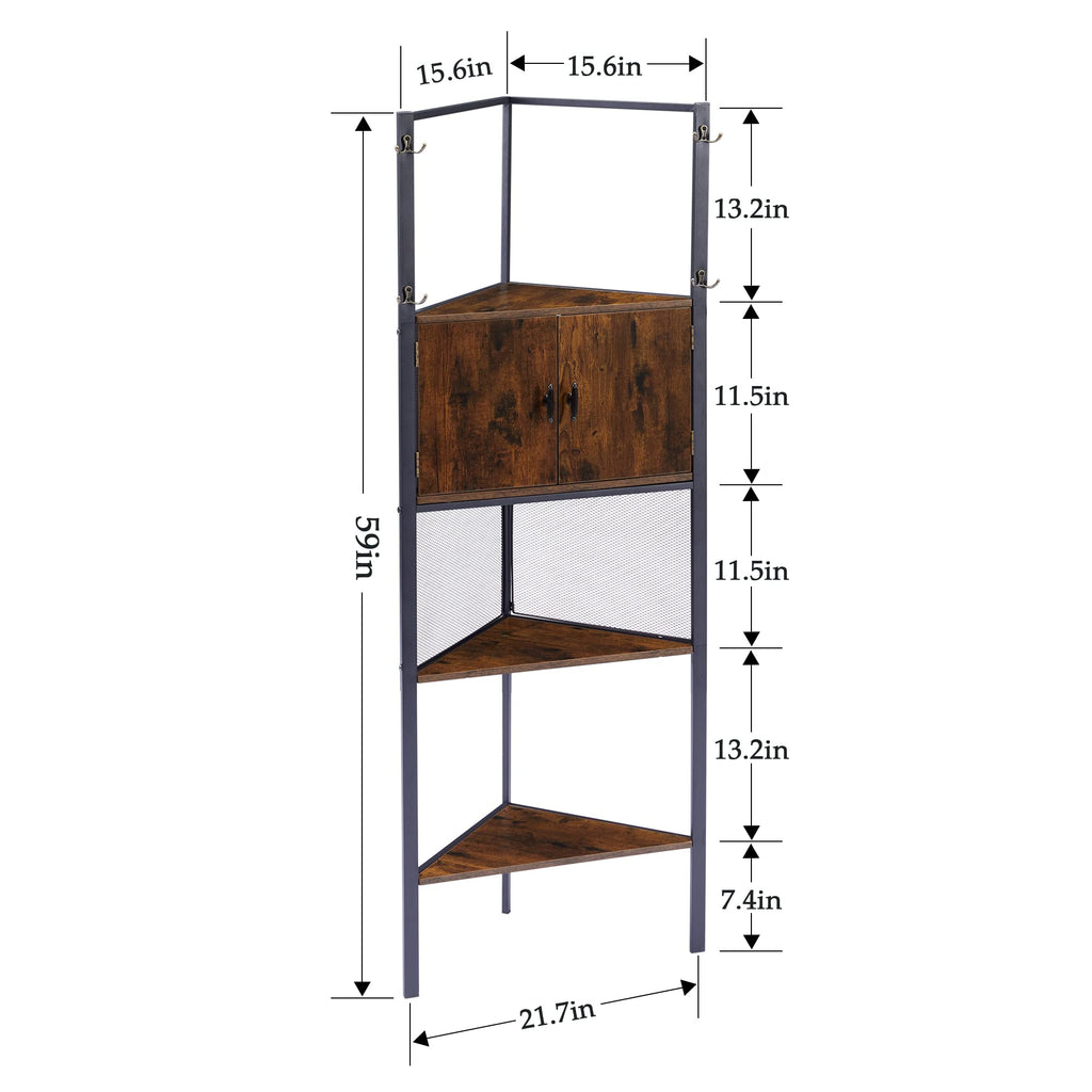 VECELO 4 Tier Corner Cabinet, 59" Tall Standing Organizer with 4 Dual-Hooks, Storage Rack, Narrow Bookshelf Display Shelves Rack for Wall Corner, Living Room, Kitchen, Bedroom, Office, Retro Brown