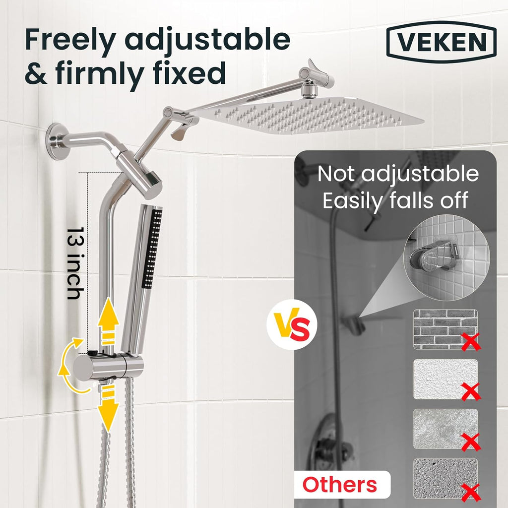 Veken 10" Luxurious Rain Shower Head - High Pressure Dual Showerhead with Handheld & Extension Arm | Chrome Finish