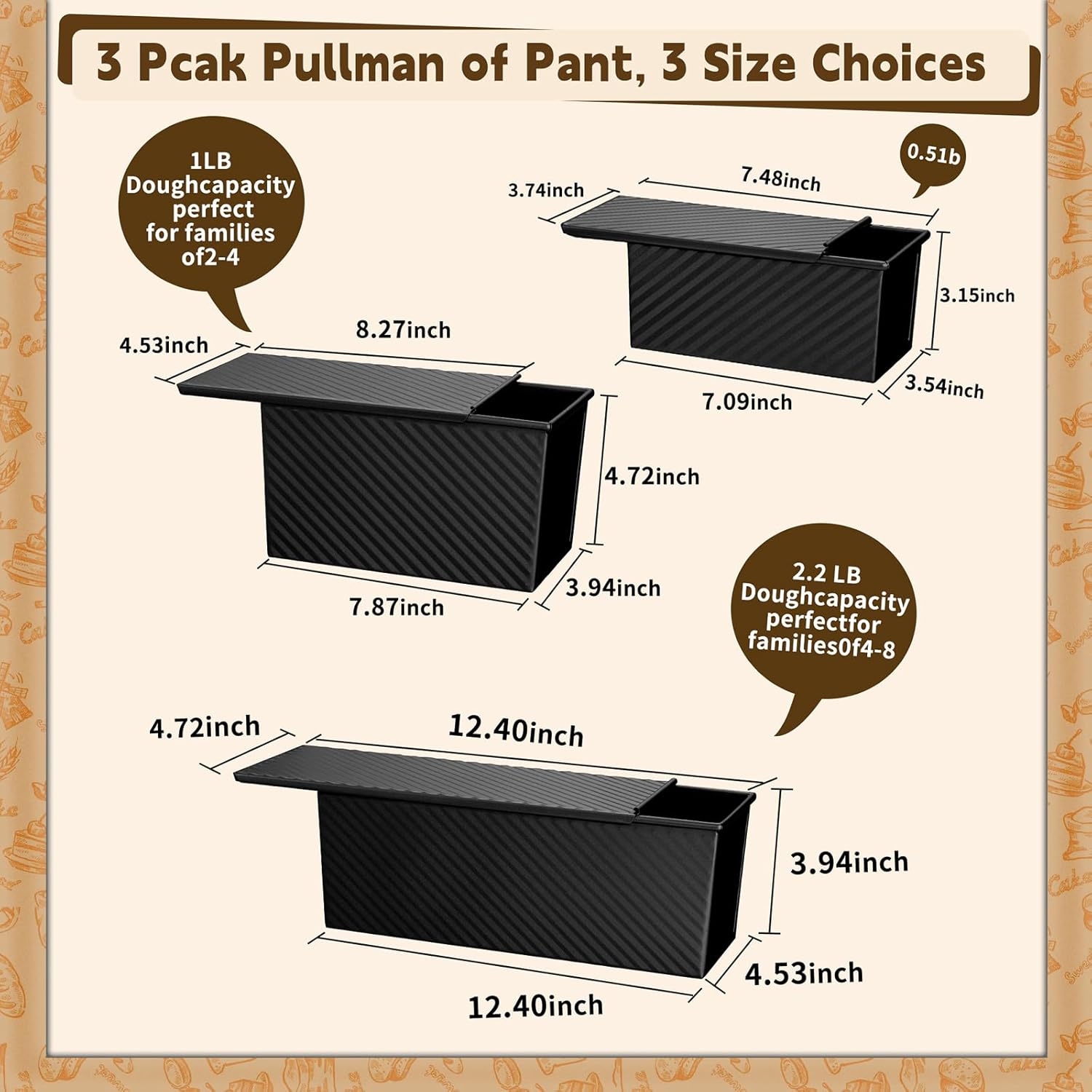 Pullman | 3-Pack Non-Stick Bread Loaf Pan Set - Heavy Duty Carbon Steel with Lids (Black)