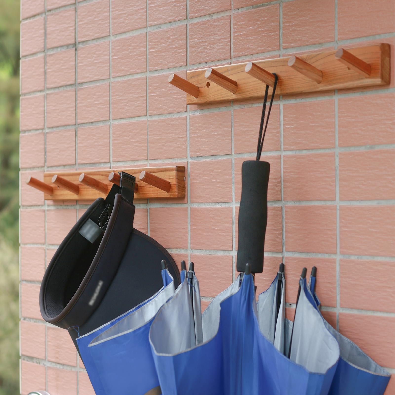 Cobnap Natural Teak Wall-Mounted Coat Rack (Set of 2, 16.6")-Farmhouse Entryway Hooks with 5 Wooden Hooks Each, Rustic Bathroom Wall Pegs for Jackets, Backpacks & Towels