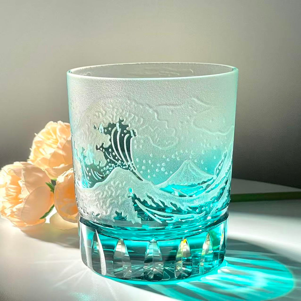 suigetsu Crystal Luxury Whiskey Glass, Mount Fuji Design, Japanese Style Hand Cut Glass Tumblers (turquoise)