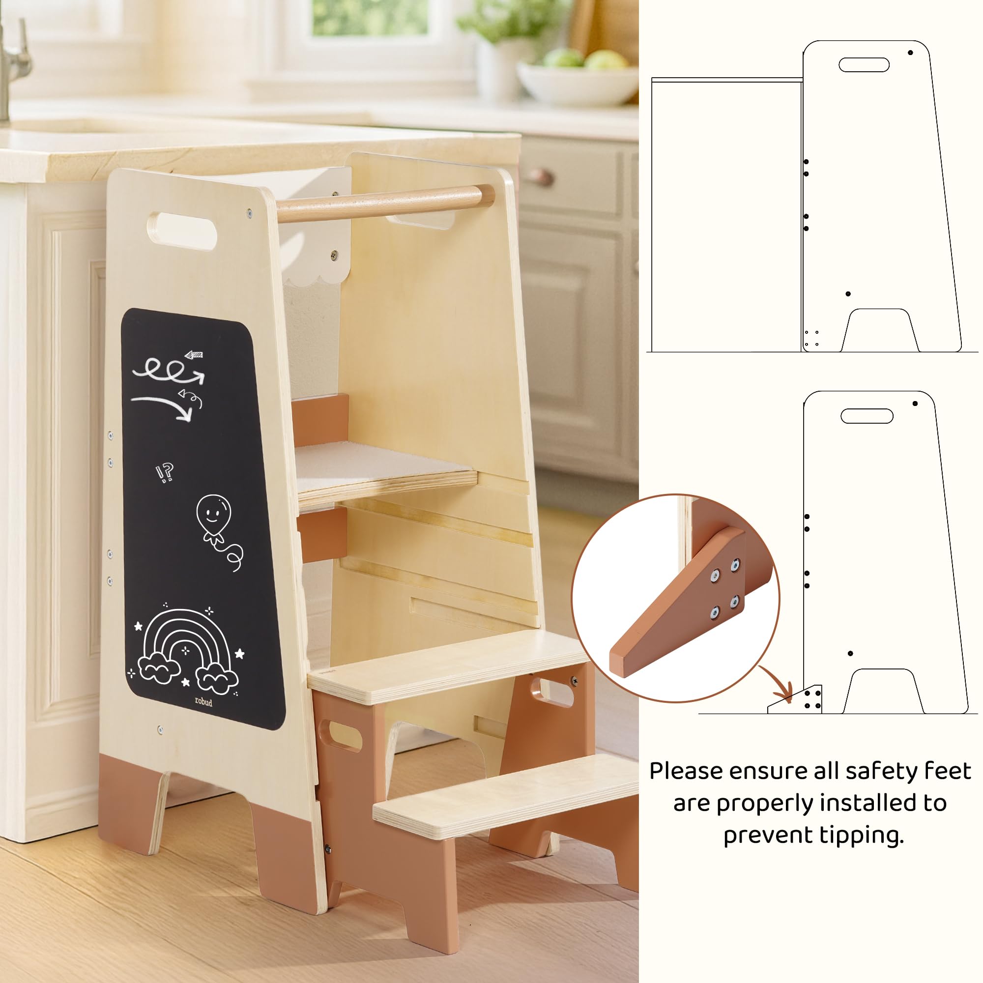 ROBOTIME Toddler Standing Tower, Learning Tower with Step Stool Set, 2-in-1 for Kids, Adjustable Height Toddler Tower for Kitchen & Bathroom, Learning Tower with Blackboard for 2 Year Old