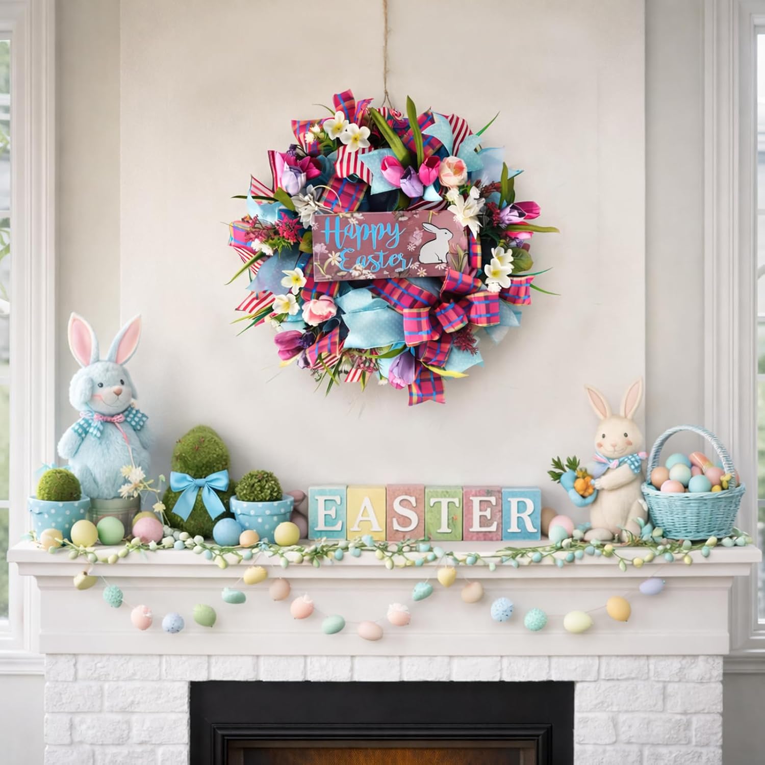 Regine Switzerland 22-Inch Easter Bunny Wreath - Spring Decor with Pink Tulips & Flowers