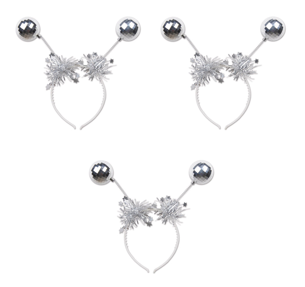 Beistle Silver Disco Ball Boppers – 3 Metallic Headband Accessories with Silver Ball Accents and Tinsel Garland, NYE Headwear for Retro Dance Parties, 1970’s Themed Decade Celebrations, Adult Size