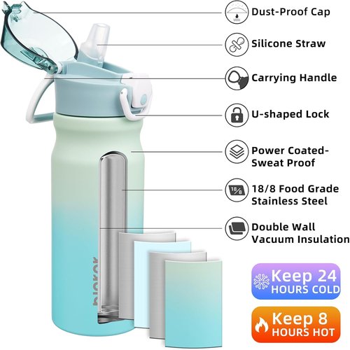 BJPKPK Insulated Water Bottle - 18oz Stainless Steel Flask with Straw & Carry Handle - Mint Color