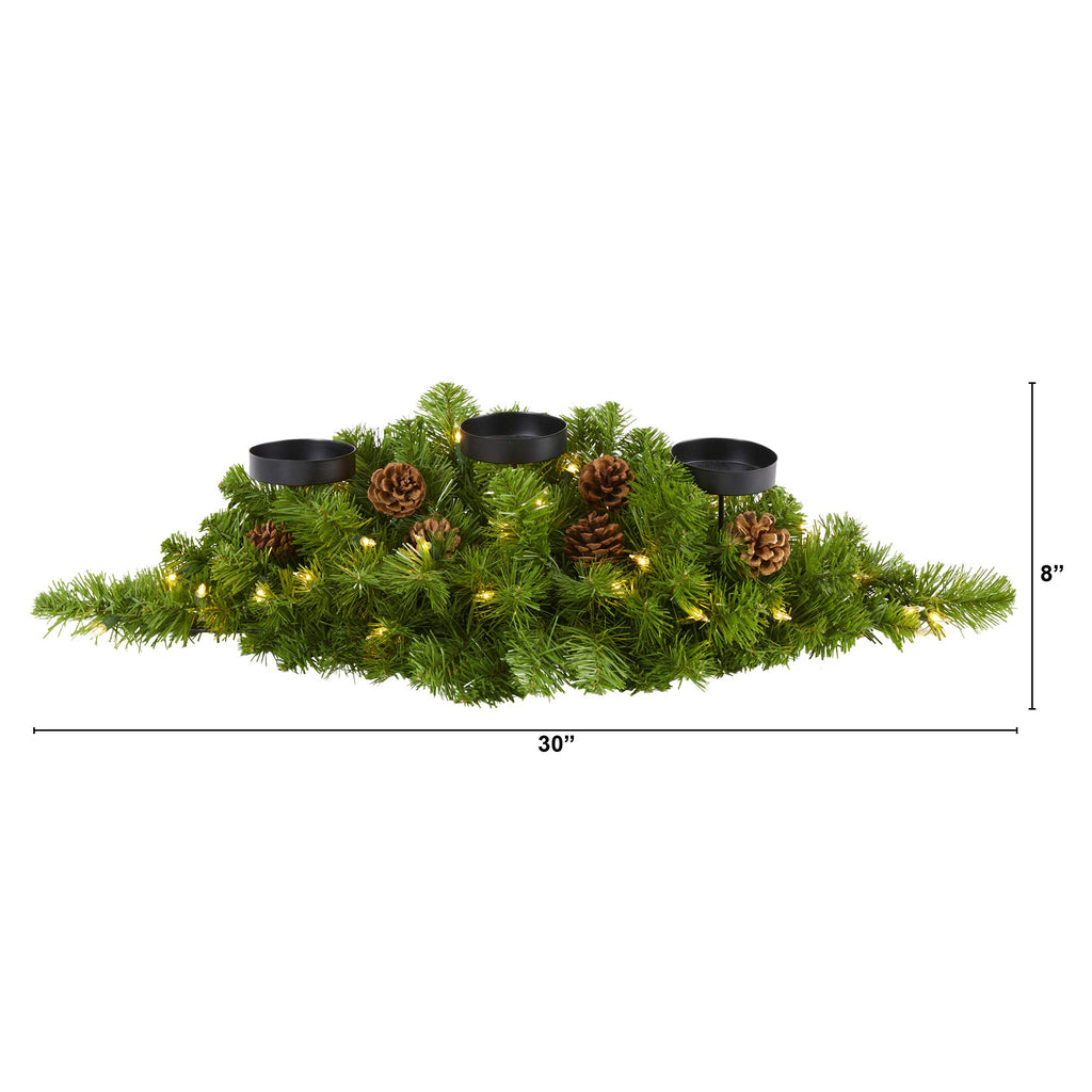 Nearly Natural 30in. Christmas Artificial Pine Triple Candelabrum with 35 Clear Lights and Pine Cones